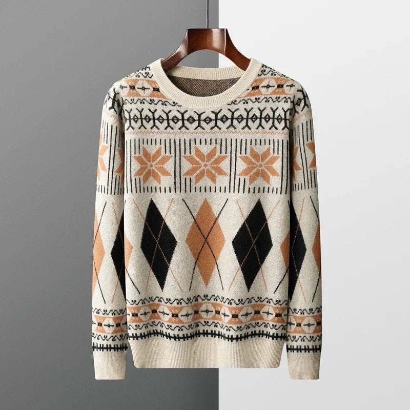 Wool Cashmere Blend Jacquard Crewneck Sweater for Men | Smart Casual Wear