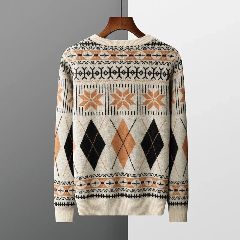 Wool Cashmere Blend Jacquard Crewneck Sweater for Men | Smart Casual Wear
