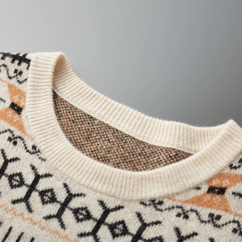 Wool Cashmere Blend Jacquard Crewneck Sweater for Men | Smart Casual Wear