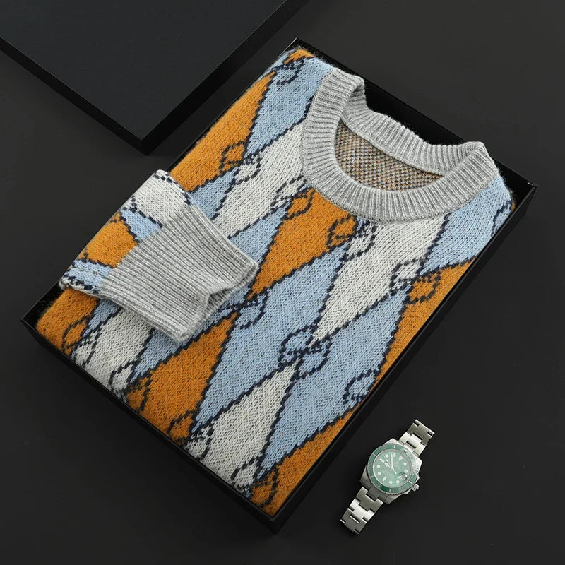 Merino Wool Geometric Argyle Knit Sweater for Men | Smart Casual Wear