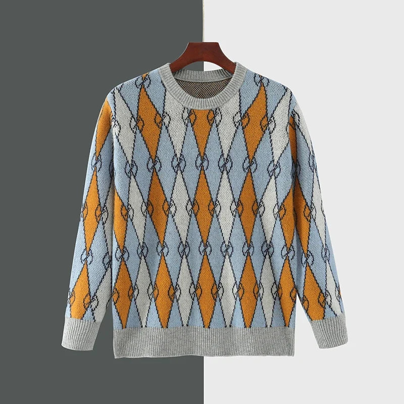 Merino Wool Geometric Argyle Knit Sweater for Men | Smart Casual Wear
