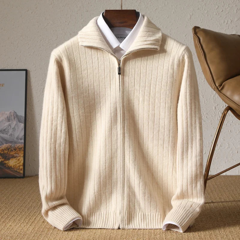 Ribbed Merino Wool Zip Up Cardigan for Men | Business Casual Wear