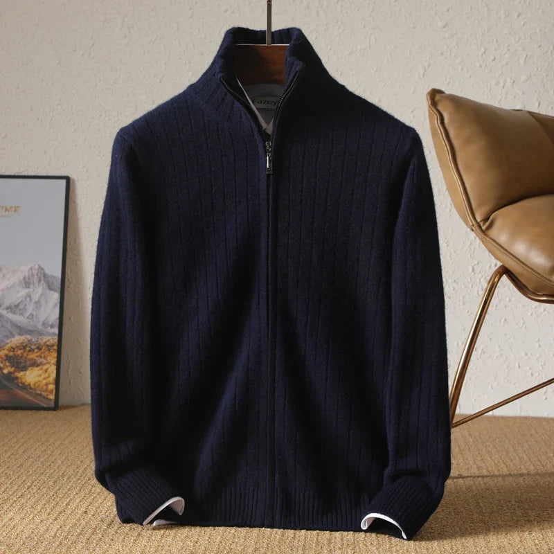 Ribbed Merino Wool Zip Up Cardigan for Men | Business Casual Wear