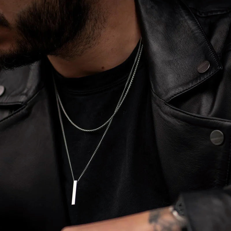 Minimalist Double Chain Necklace with Bar Pendant
