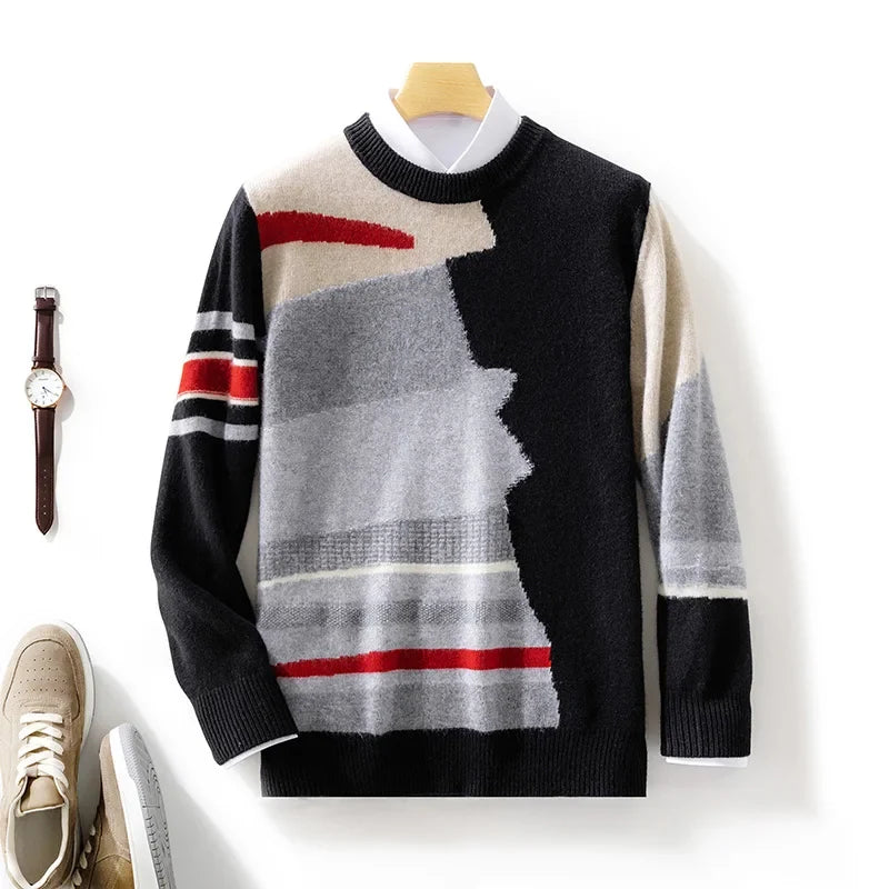 Abstract Pattern Colour Block Knit Sweater for Men | Casual Wear