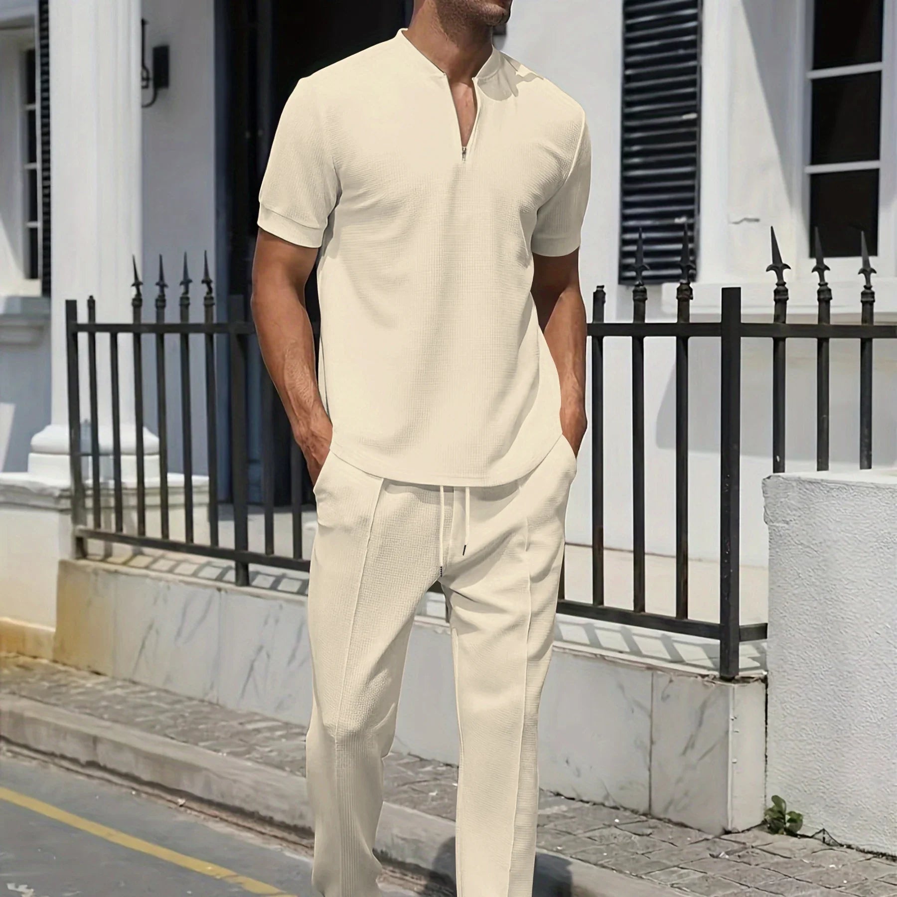 Stand Collar Short Sleeve Shirt and Drawstring Trouser Set for Men | Spring Wear