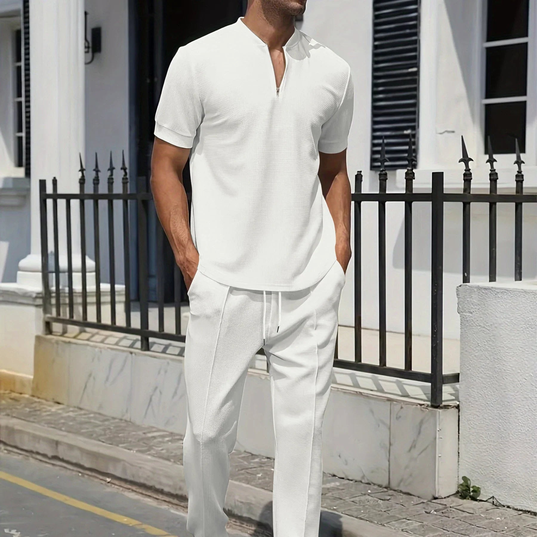 Stand Collar Short Sleeve Shirt and Drawstring Trouser Set for Men | Spring Wear