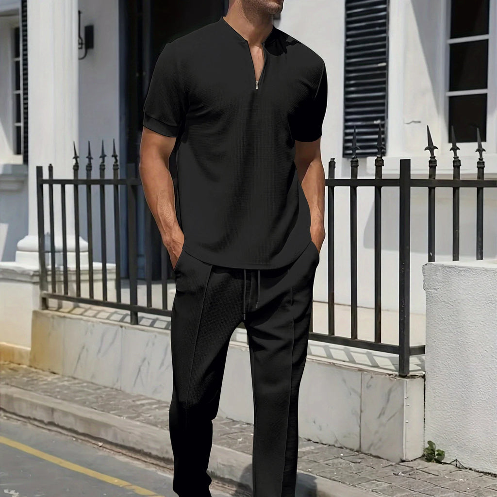 Stand Collar Short Sleeve Shirt and Drawstring Trouser Set for Men | Spring Wear