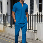 Stand Collar Short Sleeve Shirt and Drawstring Trouser Set for Men | Spring Wear