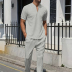 Stand Collar Short Sleeve Shirt and Drawstring Trouser Set for Men | Spring Wear