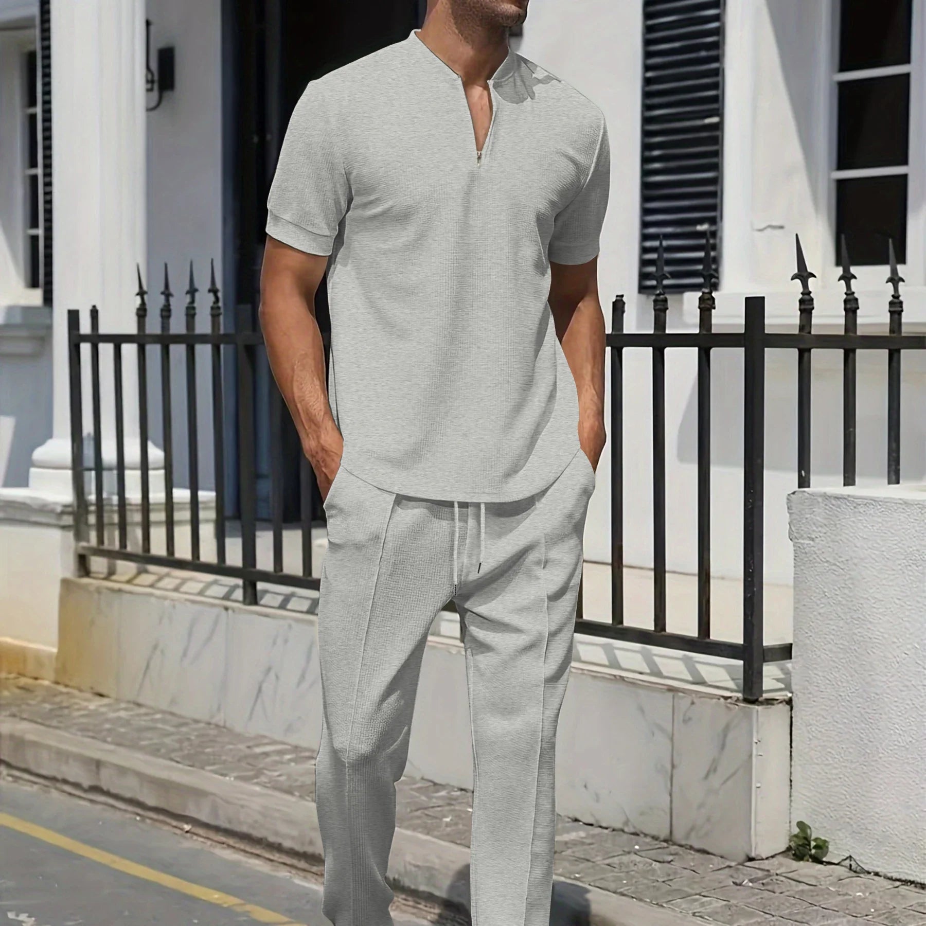 Stand Collar Short Sleeve Shirt and Drawstring Trouser Set for Men | Spring Wear
