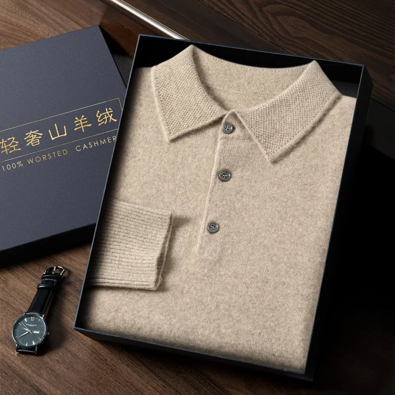 Cashmere Knit Long Sleeve Polo Sweater for Men | Smart Casual Wear