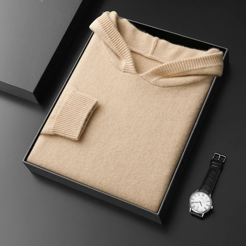 Pure Cashmere Knit Hooded Pullover for Men | Autumn and Winter Wear