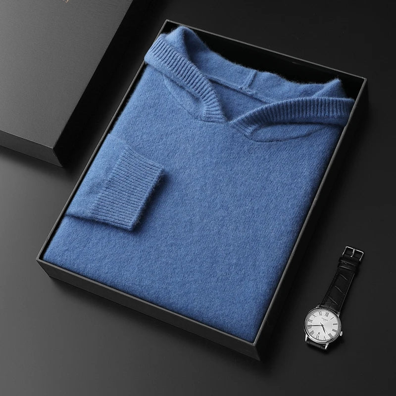 Pure Cashmere Knit Hooded Pullover for Men | Autumn and Winter Wear