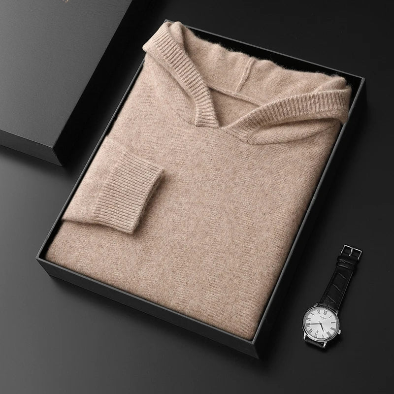 Pure Cashmere Knit Hooded Pullover for Men | Autumn and Winter Wear