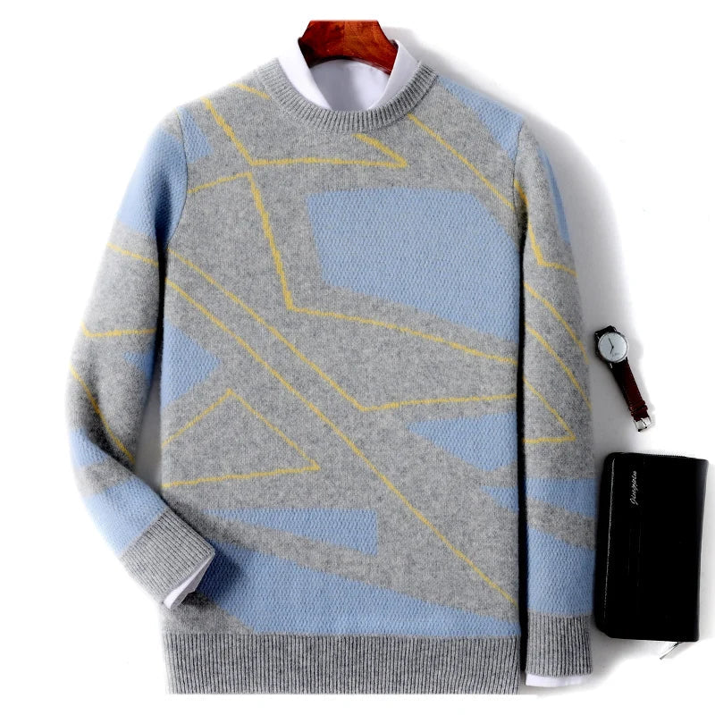 Contrast Geometric Pattern Merino Wool Sweater for Men | Autumn and Winter Wear