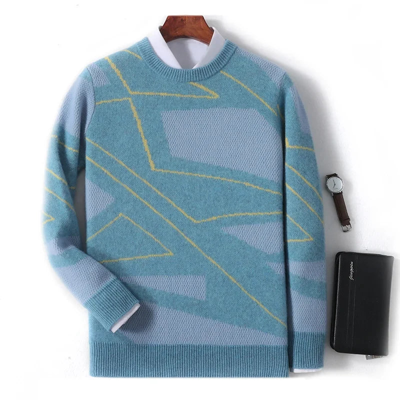 Contrast Geometric Pattern Merino Wool Sweater for Men | Autumn and Winter Wear