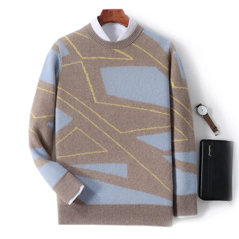 Contrast Geometric Pattern Merino Wool Sweater for Men | Autumn and Winter Wear