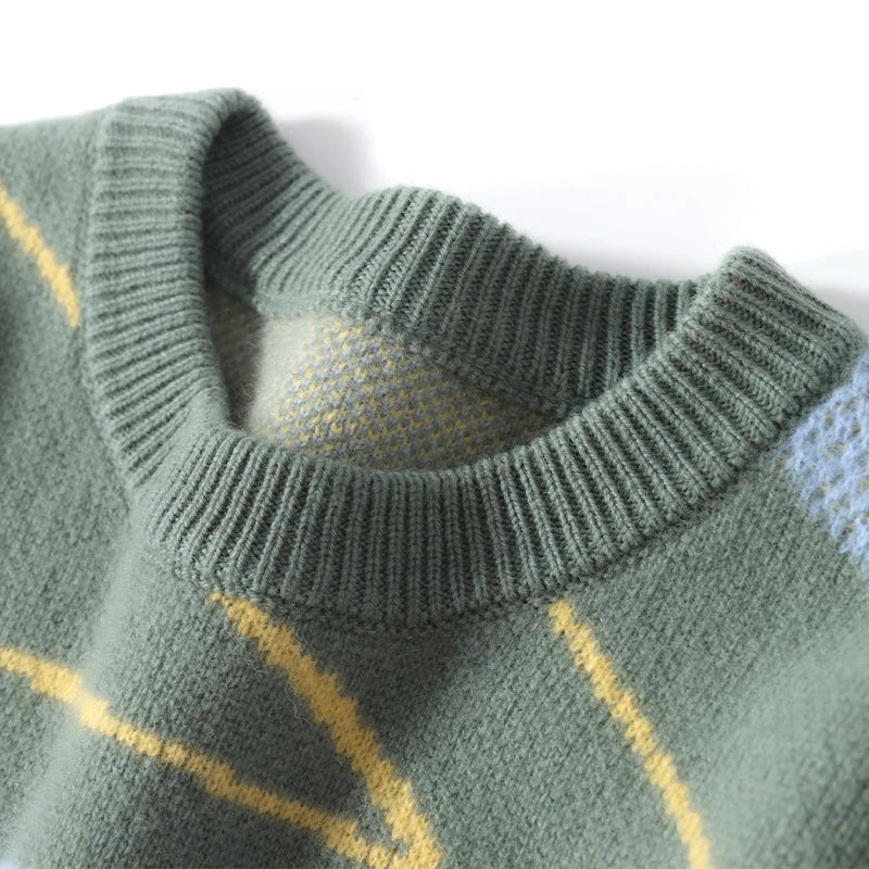 Contrast Geometric Pattern Merino Wool Sweater for Men | Autumn and Winter Wear