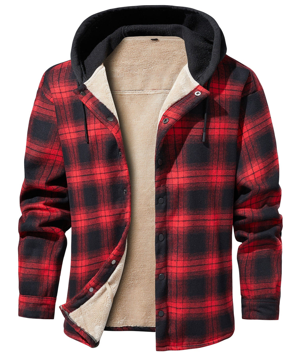 Red Check Sherpa Lined Hooded Flannel Jacket for Men | Cold Weather