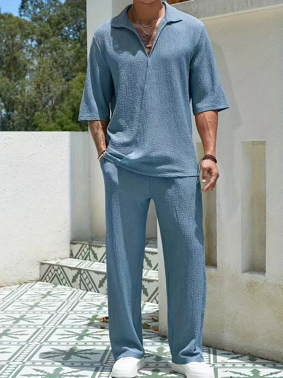Textured Knit Collared Top and Wide Leg Trouser Set for Men | Smart Casual Wear