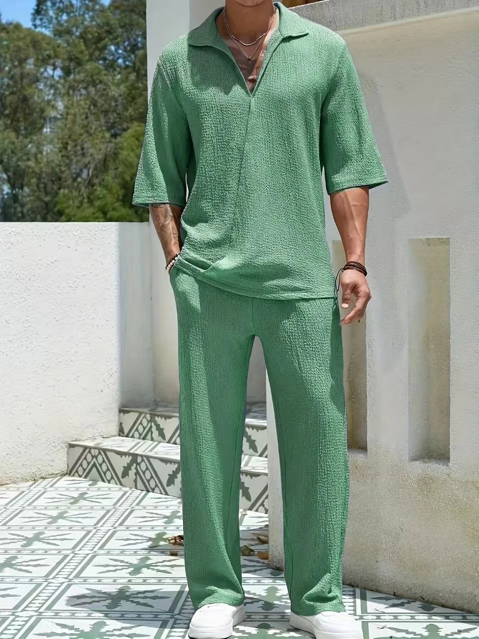 Textured Knit Collared Top and Wide Leg Trouser Set for Men | Smart Casual Wear