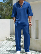 Textured Knit Collared Top and Wide Leg Trouser Set for Men | Smart Casual Wear