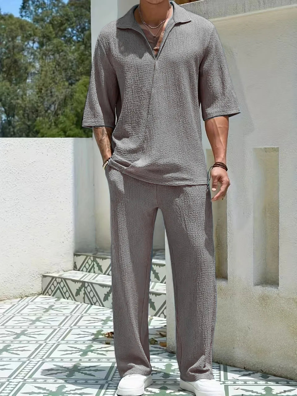 Textured Knit Collared Top and Wide Leg Trouser Set for Men | Smart Casual Wear