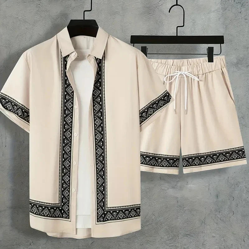 Retro Print Shirt and Shorts Summer Set for Men | Holiday Wear
