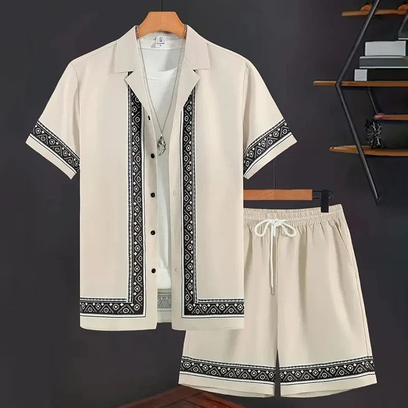 Retro Print Shirt and Shorts Summer Set for Men | Holiday Wear