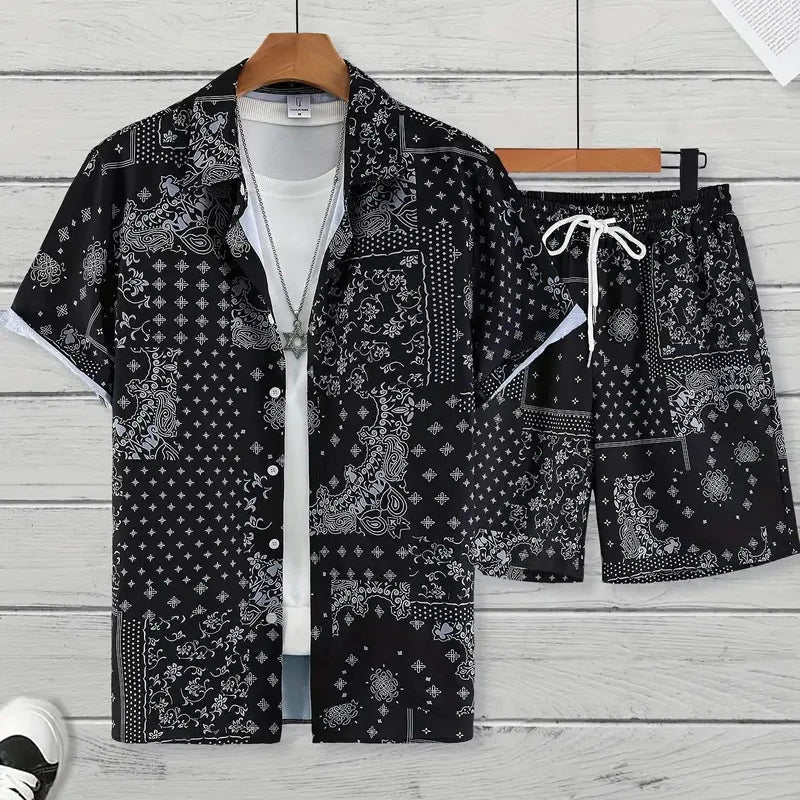 Retro Print Shirt and Shorts Summer Set for Men | Holiday Wear