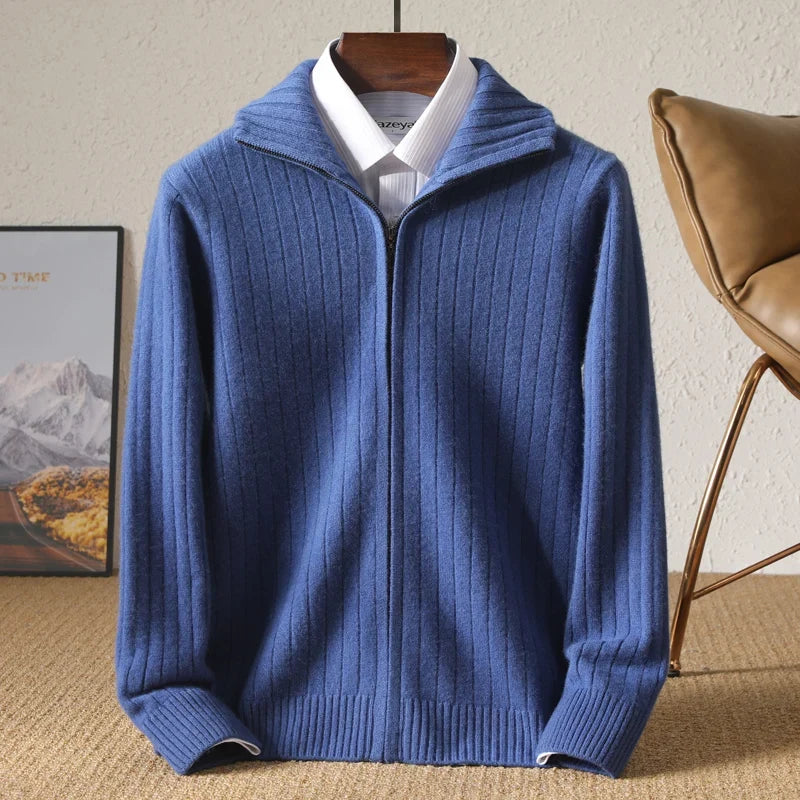 Ribbed Merino Wool Zip Up Cardigan for Men | Business Casual Wear