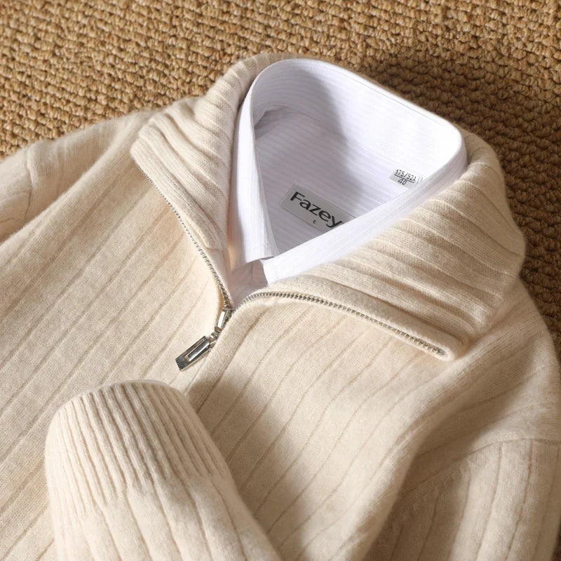 Ribbed Merino Wool Zip Up Cardigan for Men | Business Casual Wear