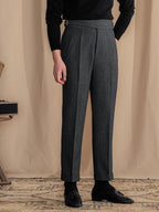 Herringbone Wool Blend Pleated Tailored Trousers for Men | Smart Casual Wear