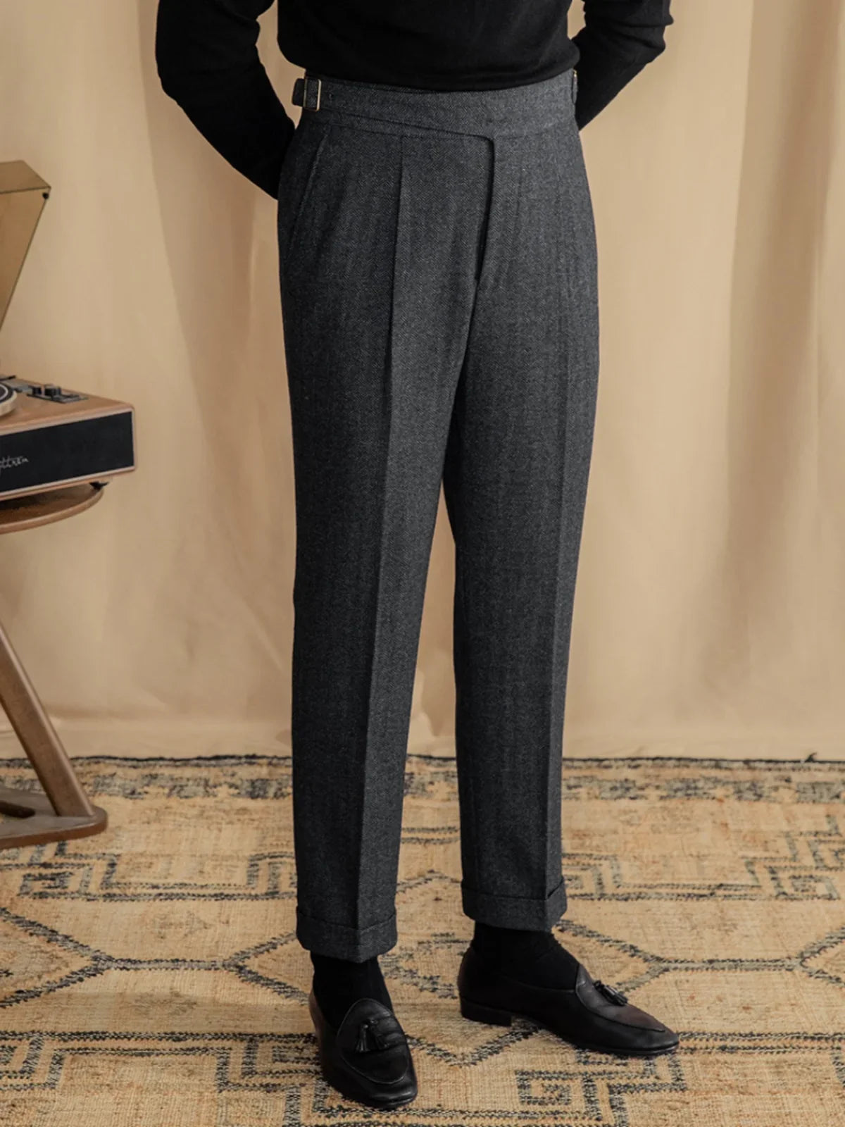 Herringbone Wool Blend Pleated Tailored Trousers for Men | Smart Casual Wear