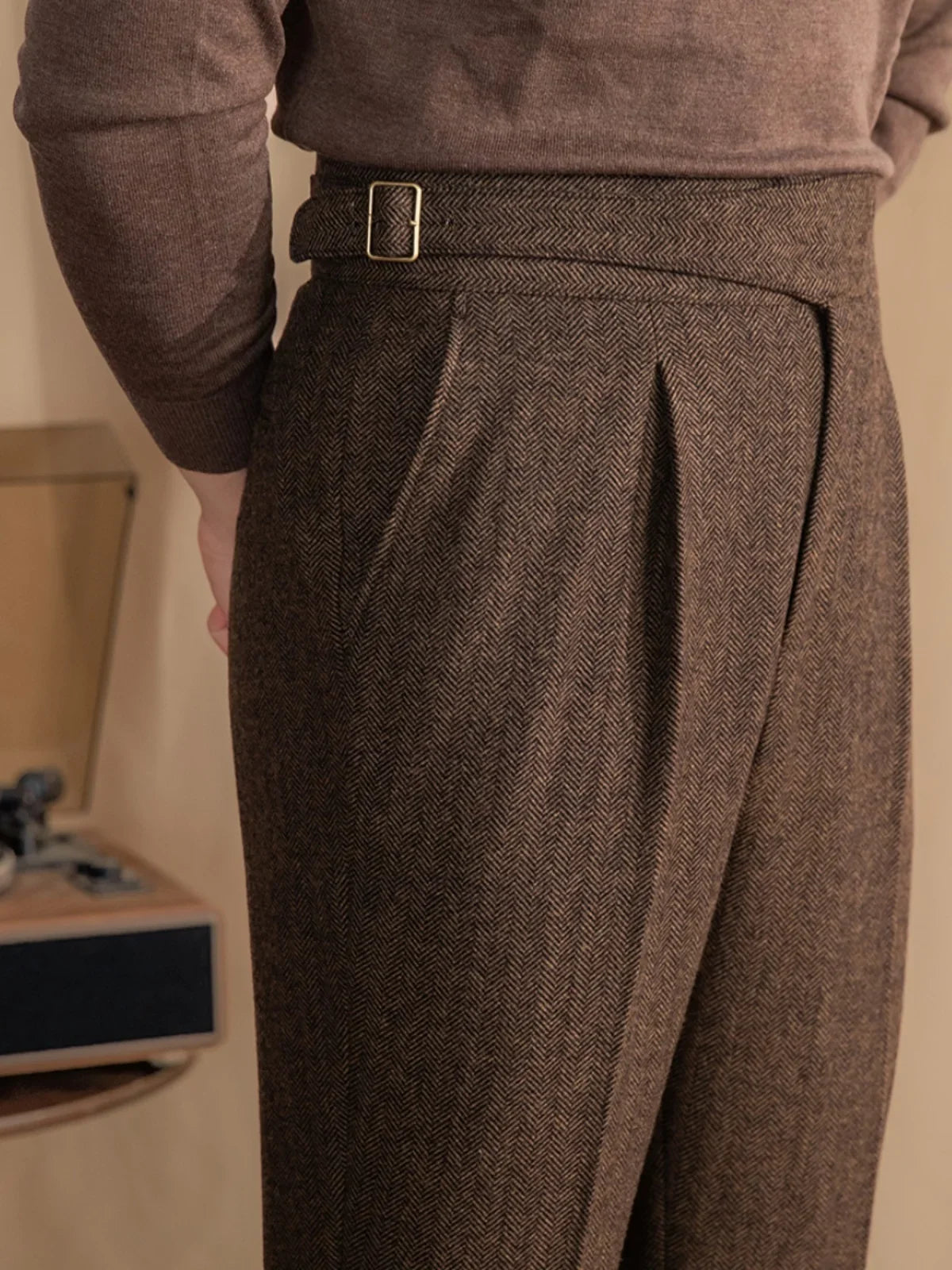 Herringbone Wool Blend Pleated Tailored Trousers for Men | Smart Casual Wear