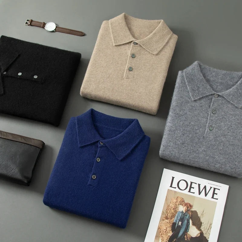 Cashmere Knit Long Sleeve Polo Sweater for Men | Smart Casual Wear