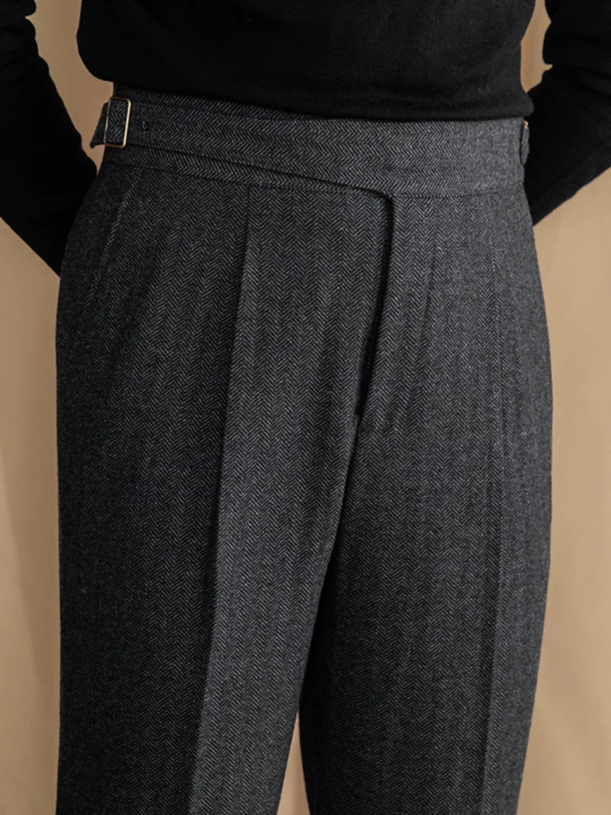 Herringbone Wool Blend Pleated Tailored Trousers for Men | Smart Casual Wear