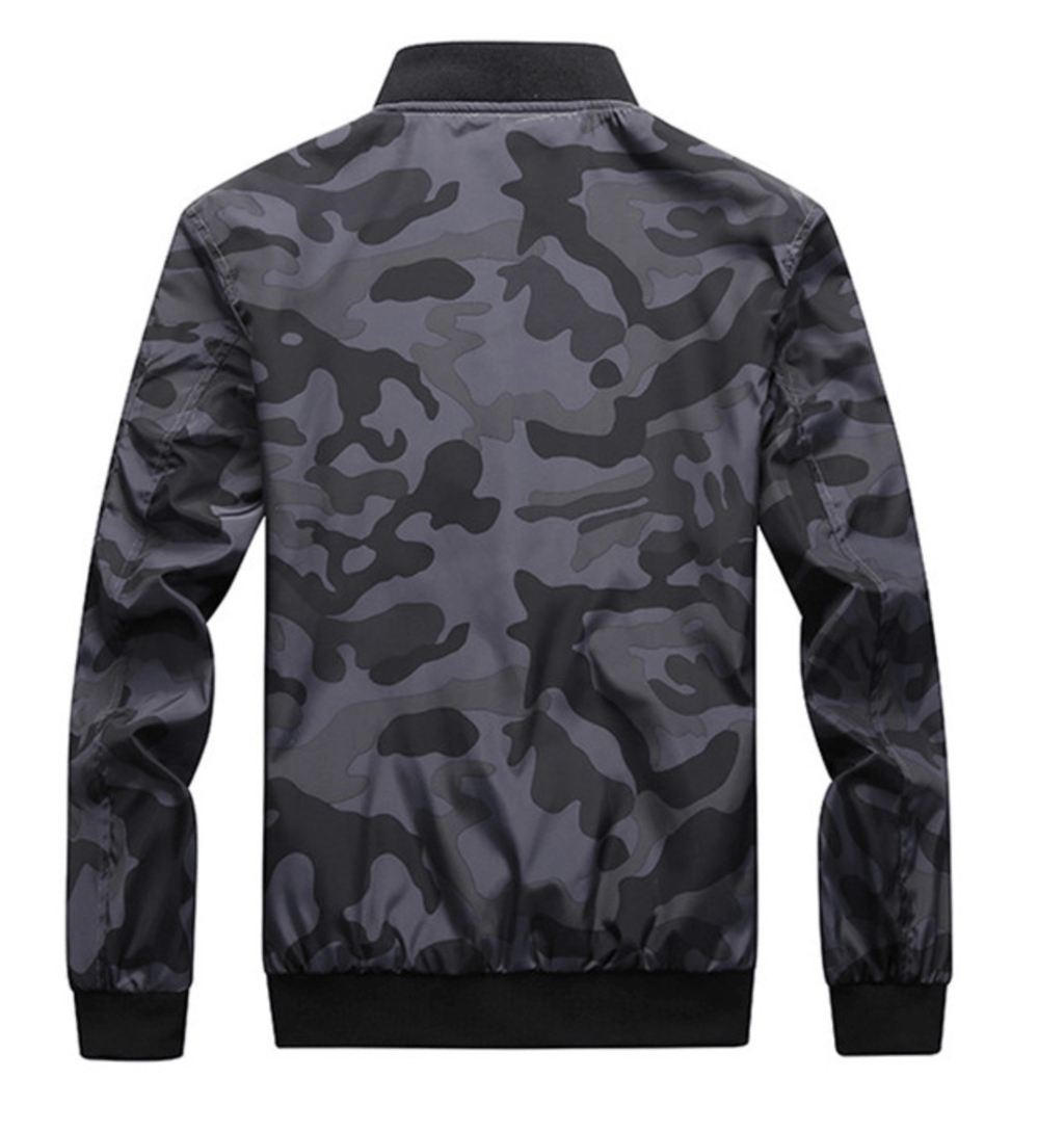 Camo Windbreaker Bomber Jacket with Mandarin Collar for Men | Outdoor Wear