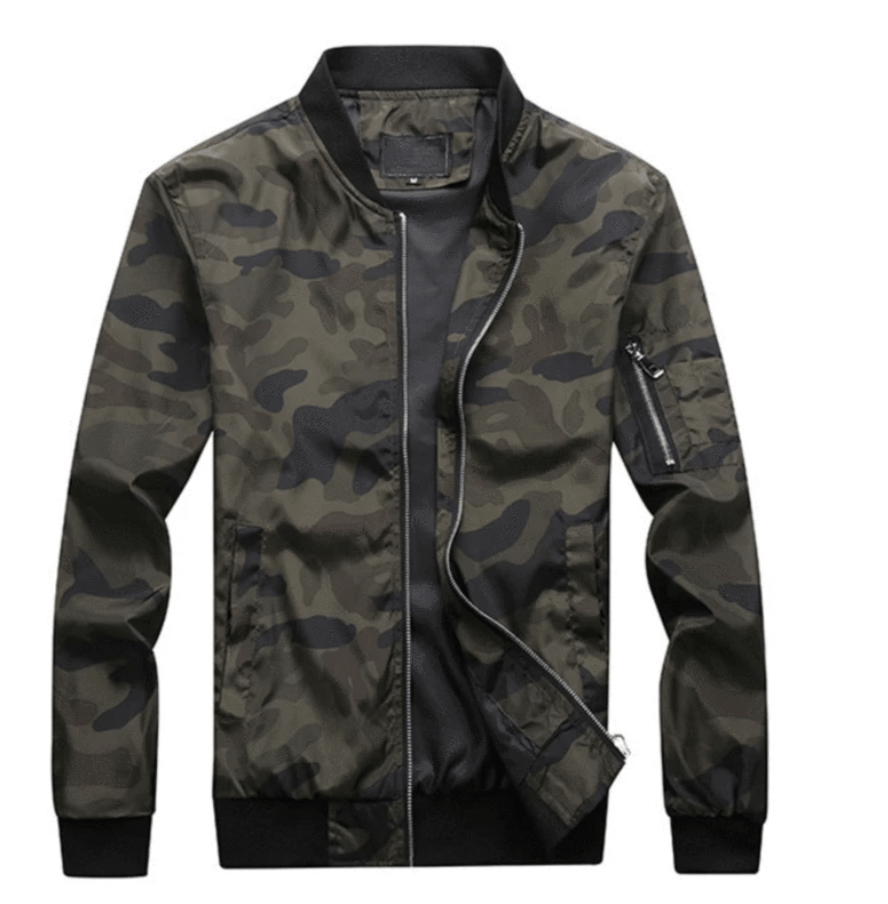 Camo Windbreaker Bomber Jacket with Mandarin Collar for Men | Outdoor Wear