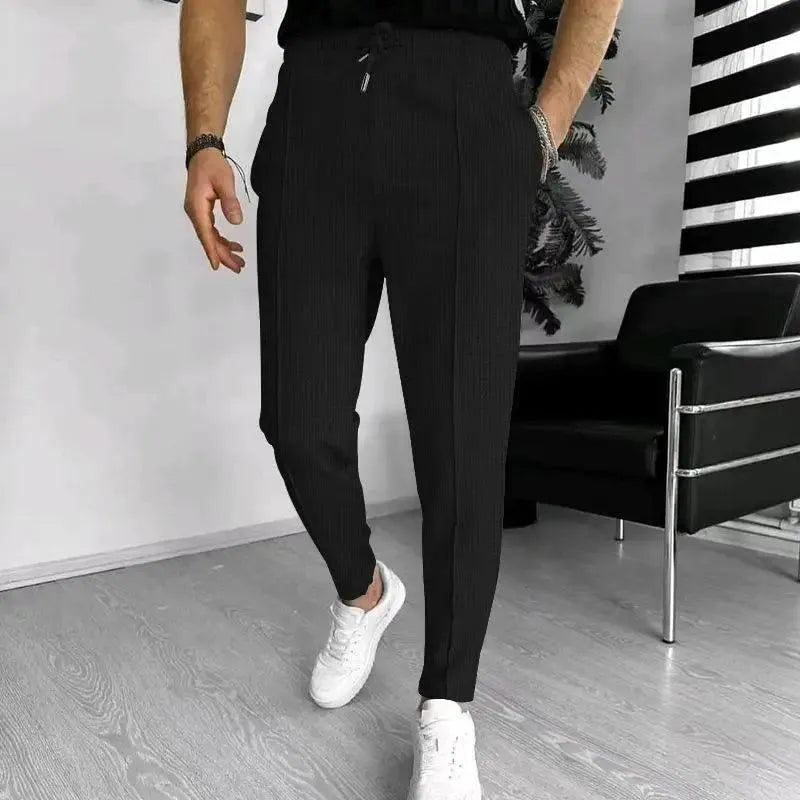 Textured Slim Fit Drawstring Trousers for Men | Smart Casual Wear