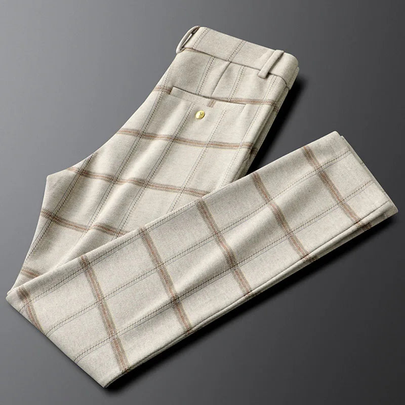 Slim Fit Plaid Stretch Business Trousers for Men | Office Wear