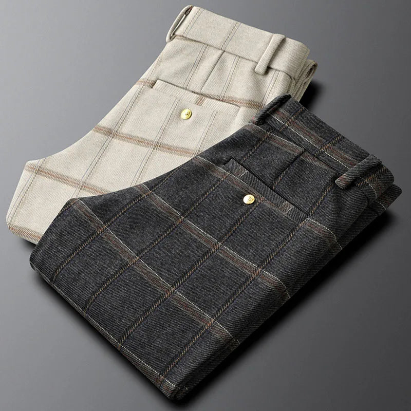 Slim Fit Plaid Stretch Business Trousers for Men | Office Wear