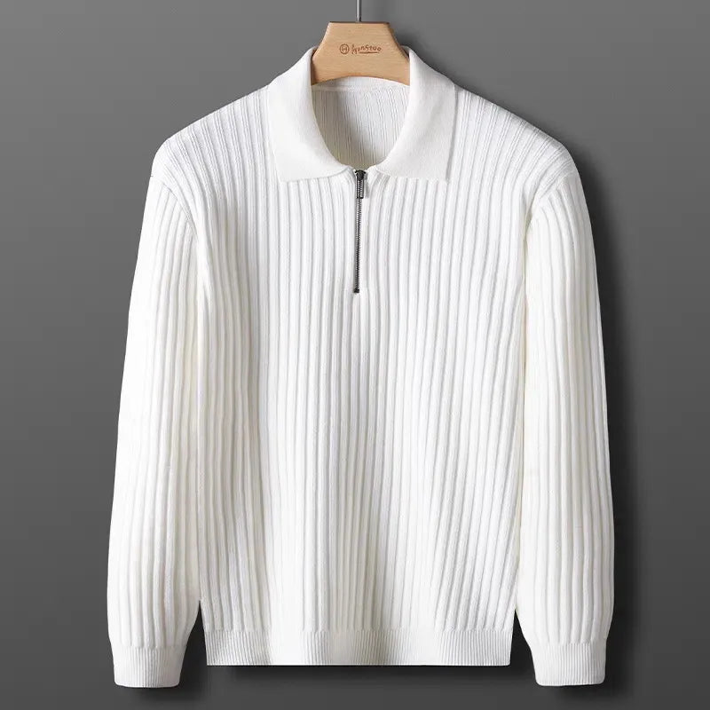 Slim Fit Vertical Stripe Half Zip Polo Sweater for Men | Autumn and Winter Wear