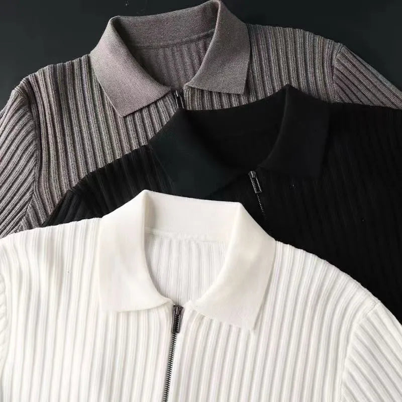 Slim Fit Vertical Stripe Half Zip Polo Sweater for Men | Autumn and Winter Wear