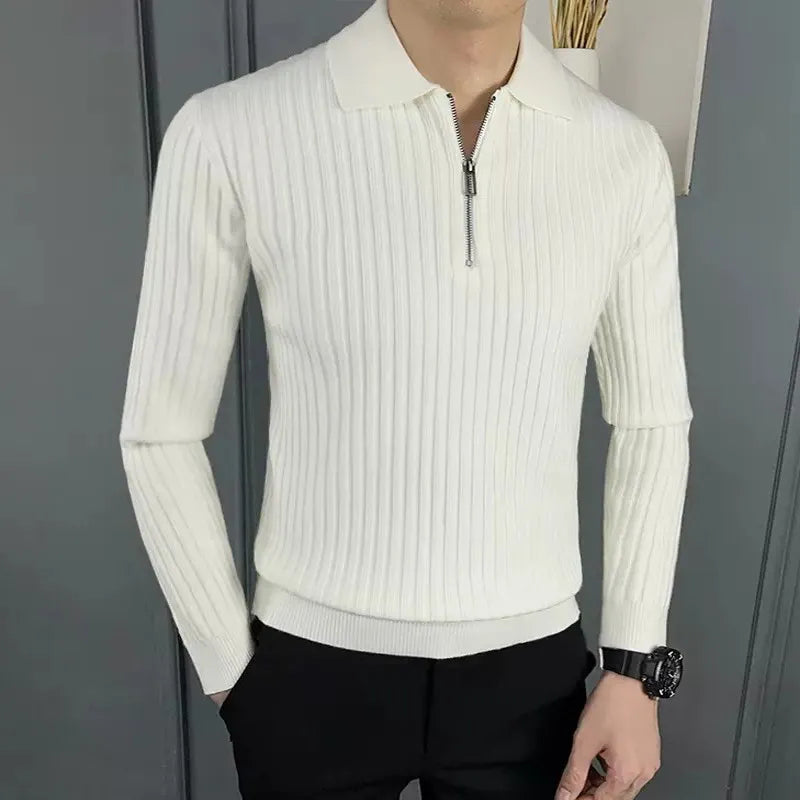 Slim Fit Vertical Stripe Half Zip Polo Sweater for Men | Autumn and Winter Wear