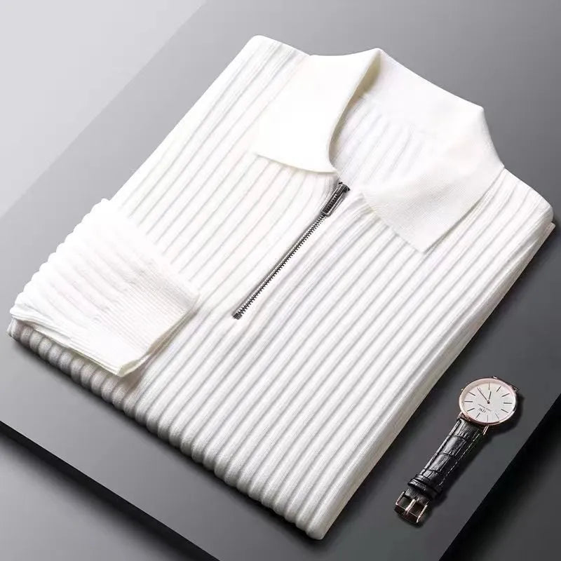 Slim Fit Vertical Stripe Half Zip Polo Sweater for Men | Autumn and Winter Wear