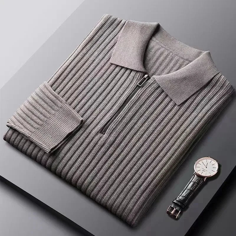 Slim Fit Vertical Stripe Half Zip Polo Sweater for Men | Autumn and Winter Wear