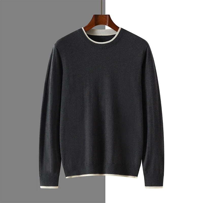 Lightweight Wool Contrast Detail Round Neck Sweater for Men | Spring Layering