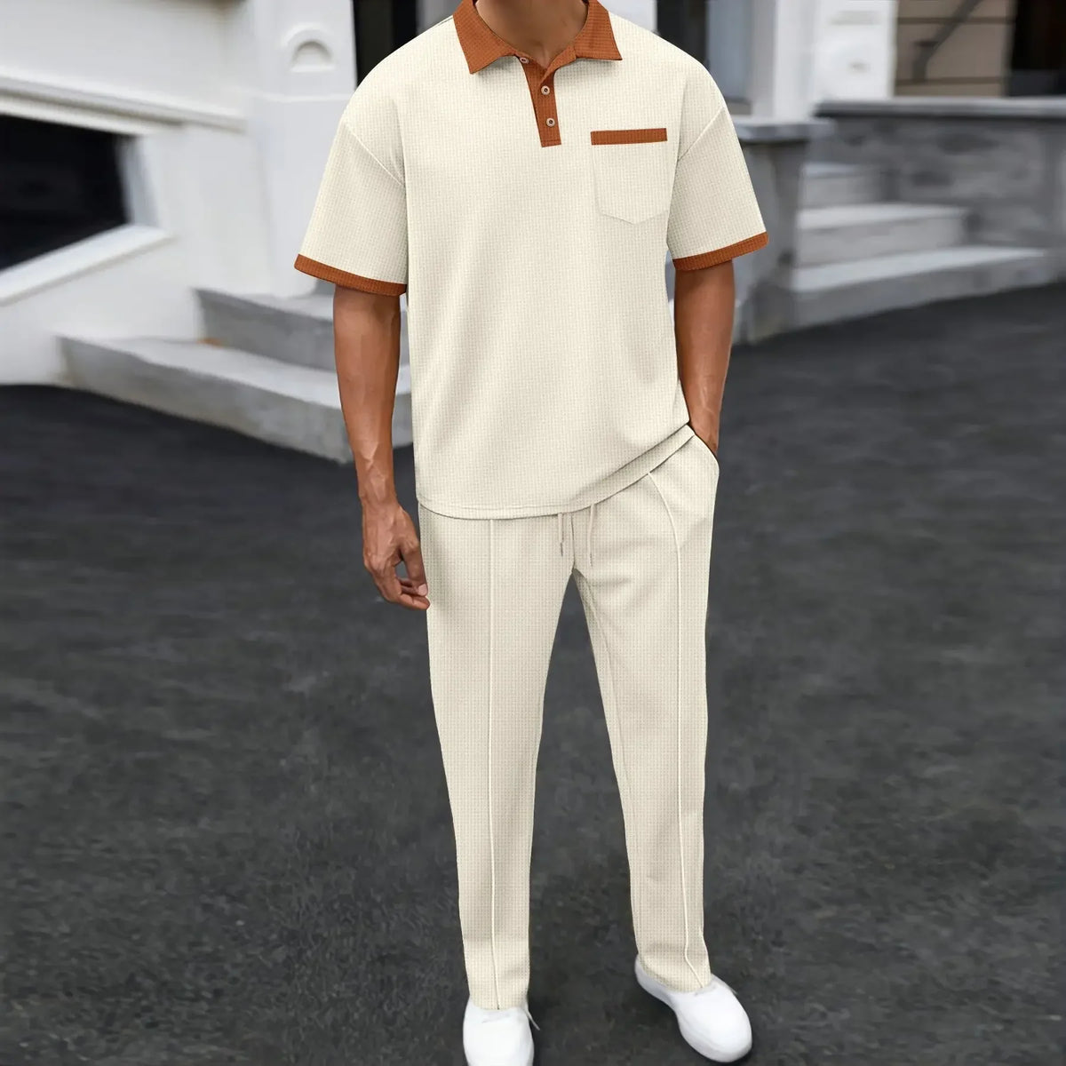 Contrast Collar Polo and Trouser Two Piece Set for Men | Summer Wear